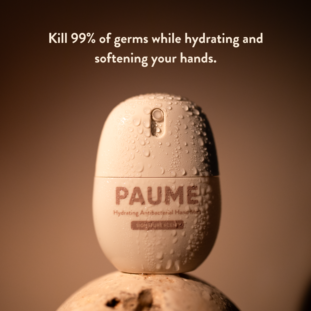 Paume Hydrating Antibacterial Hand Mist in a travel-friendly spray bottle for clean, hydrated hands