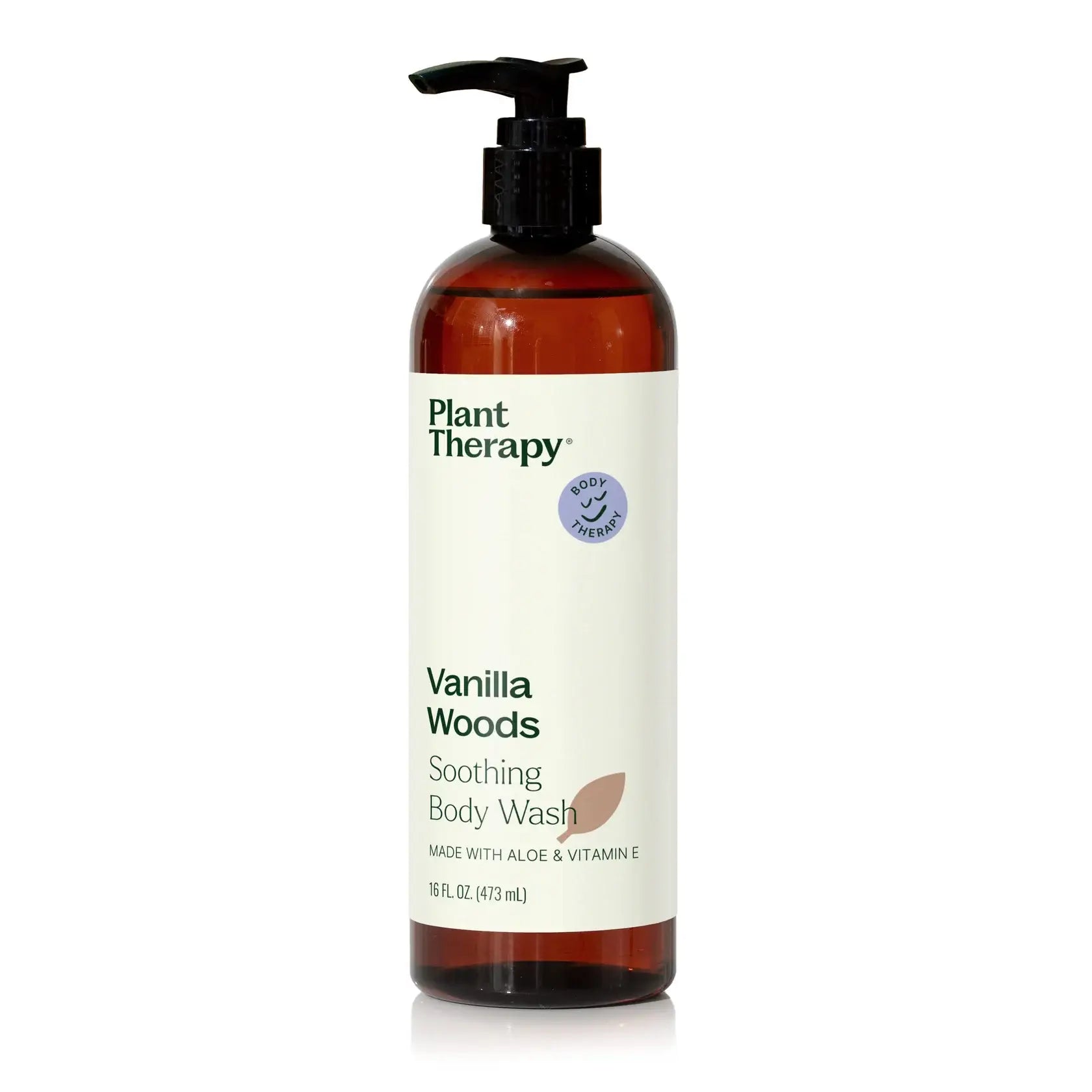 Plant Therapy Vanilla Woods body wash bottle on a white background