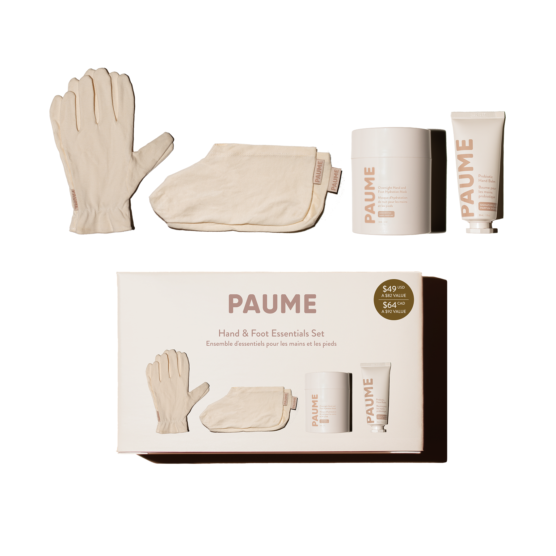 Paume Hand & Foot Essentials Set — probiotic hand balm, overnight hydration mask, organic cotton gloves, and socks for soft, smooth skin.