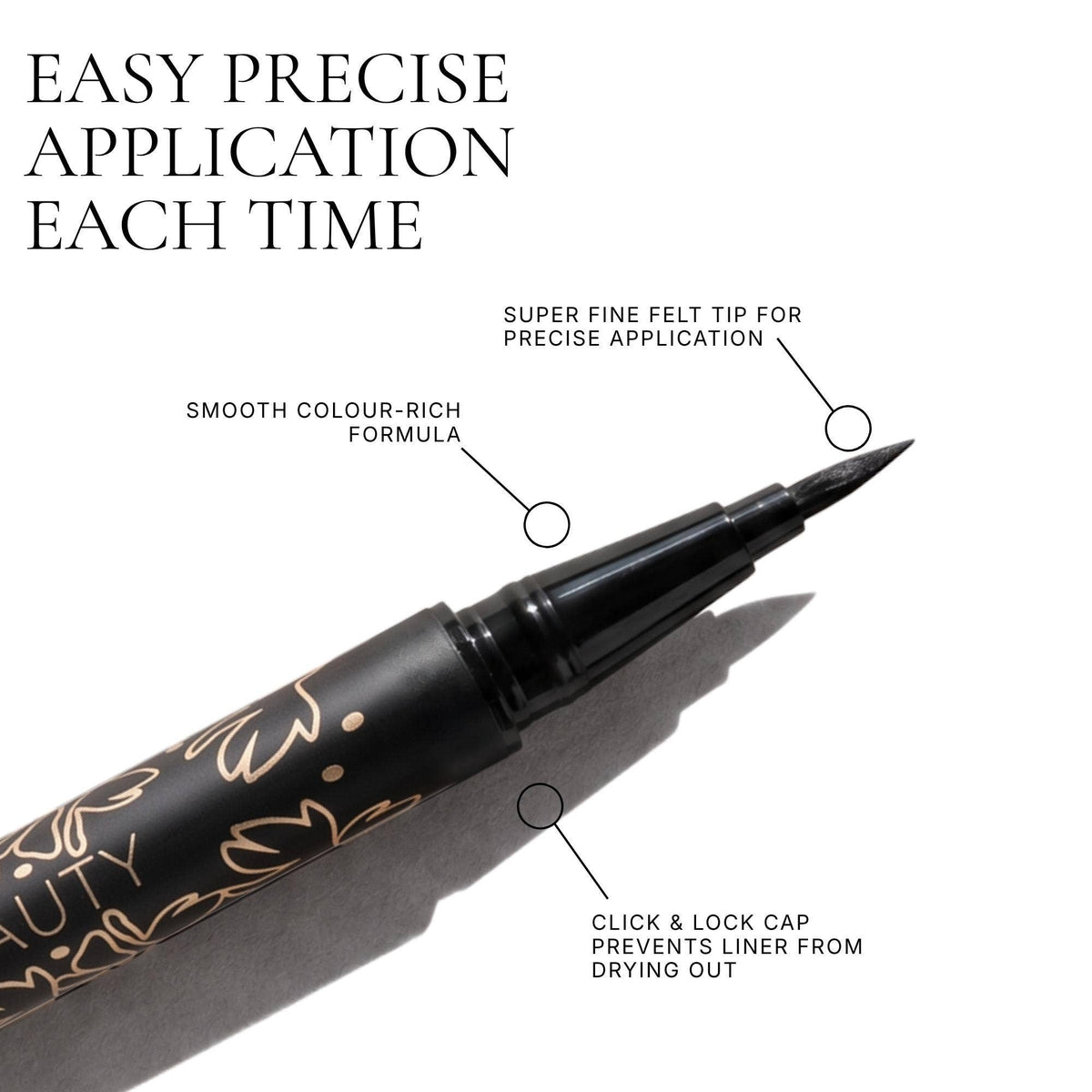 Fitglow Beauty black liquid eyeliner applied along the lash line for precise clean makeup