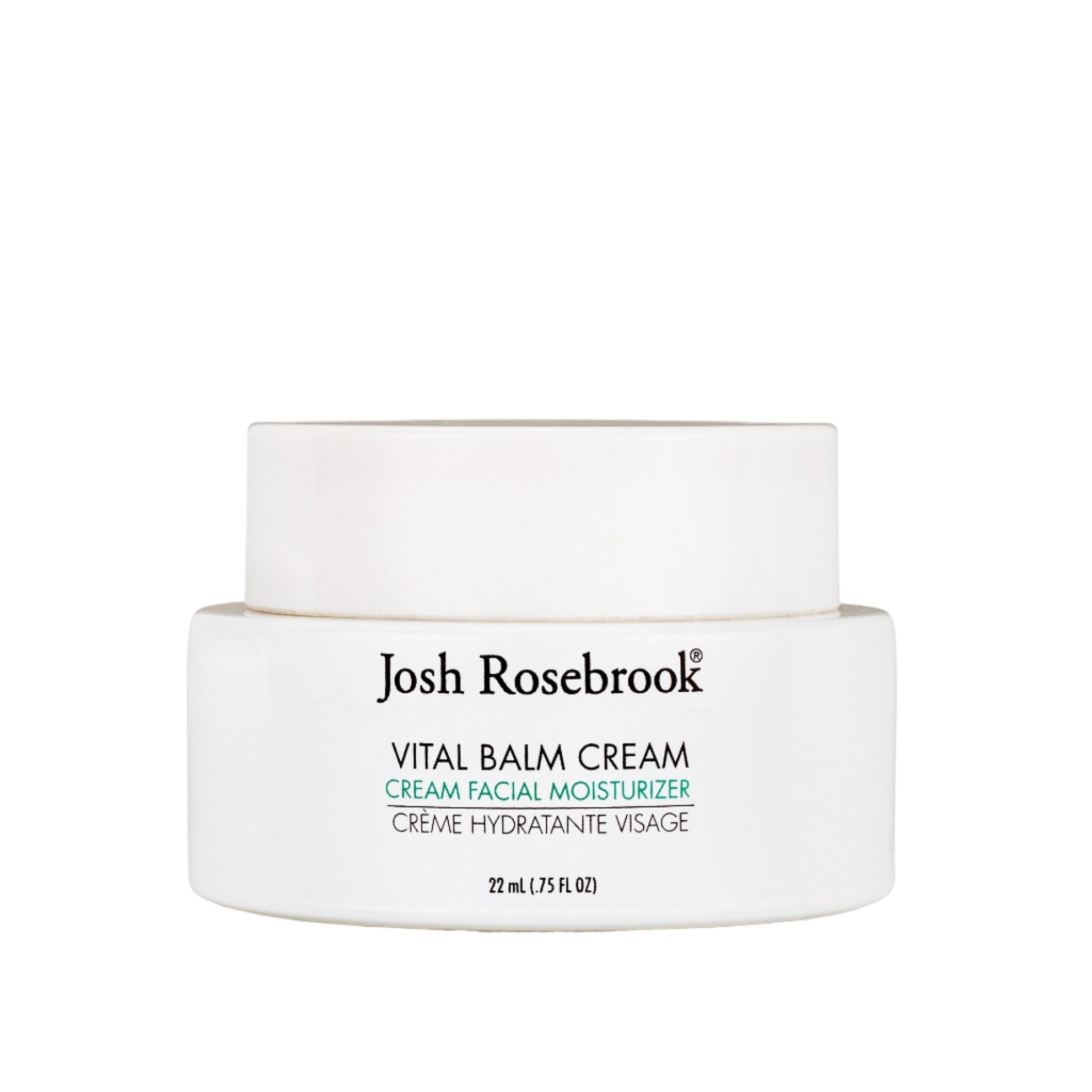 White jar of Josh Rosebrook Vital Balm Cream on a white background