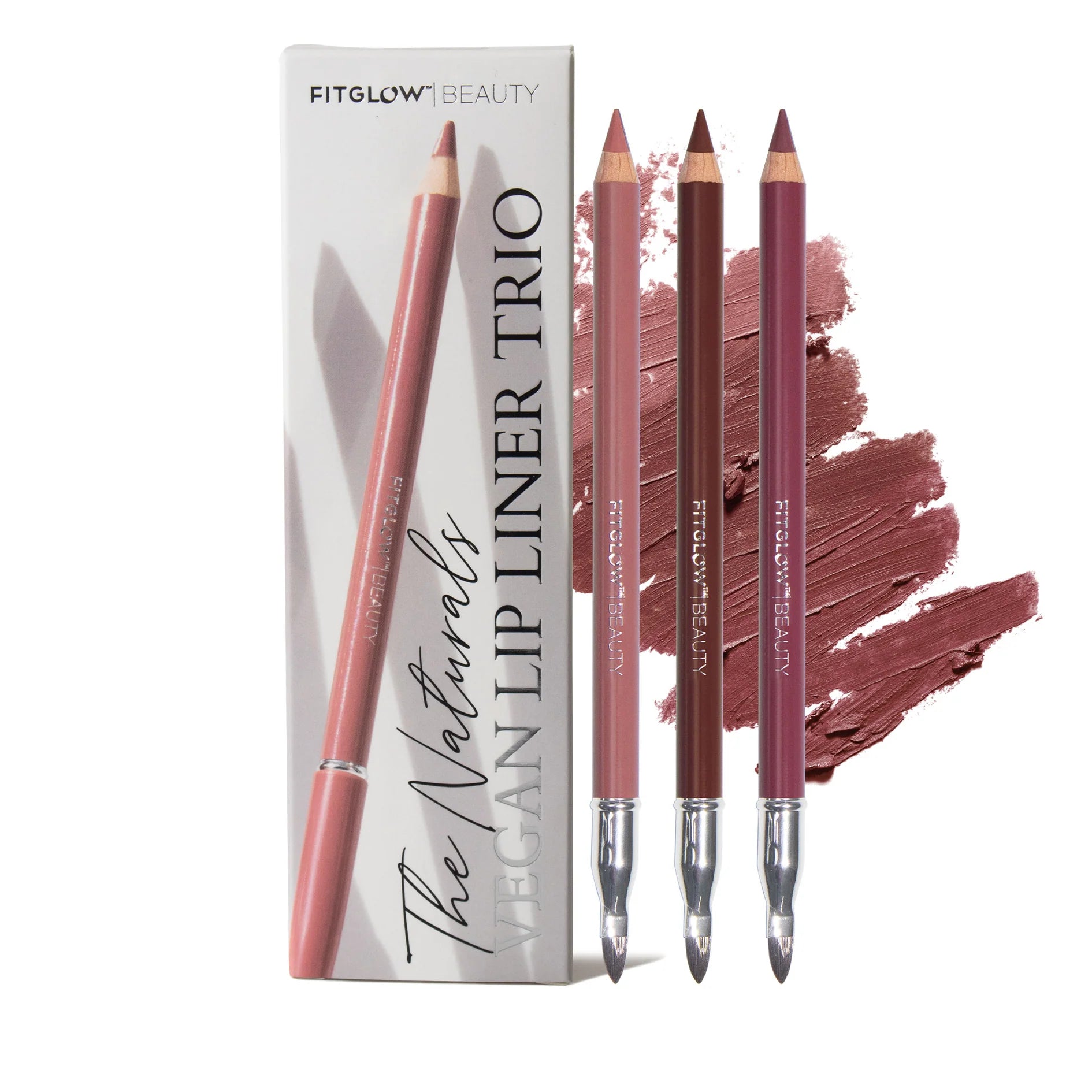 Fitglow Beauty Vegan Lip Liner Trio packaging with lip liner pencils and swatches on a white background