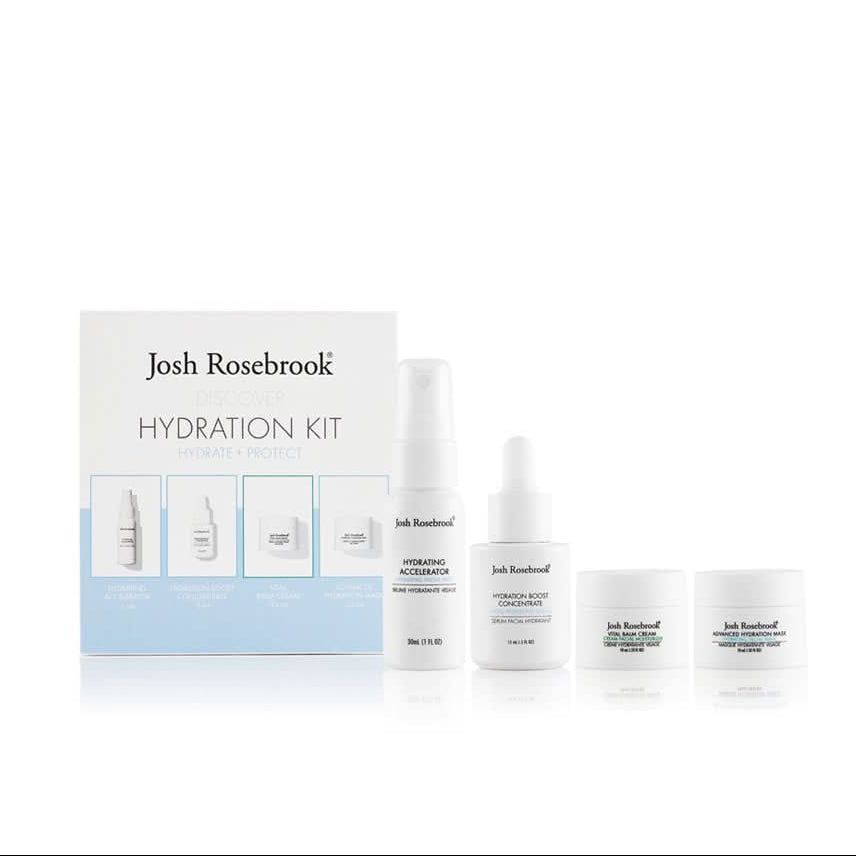 Josh Rosebrook hydration kit with multiple skincare products on a white background