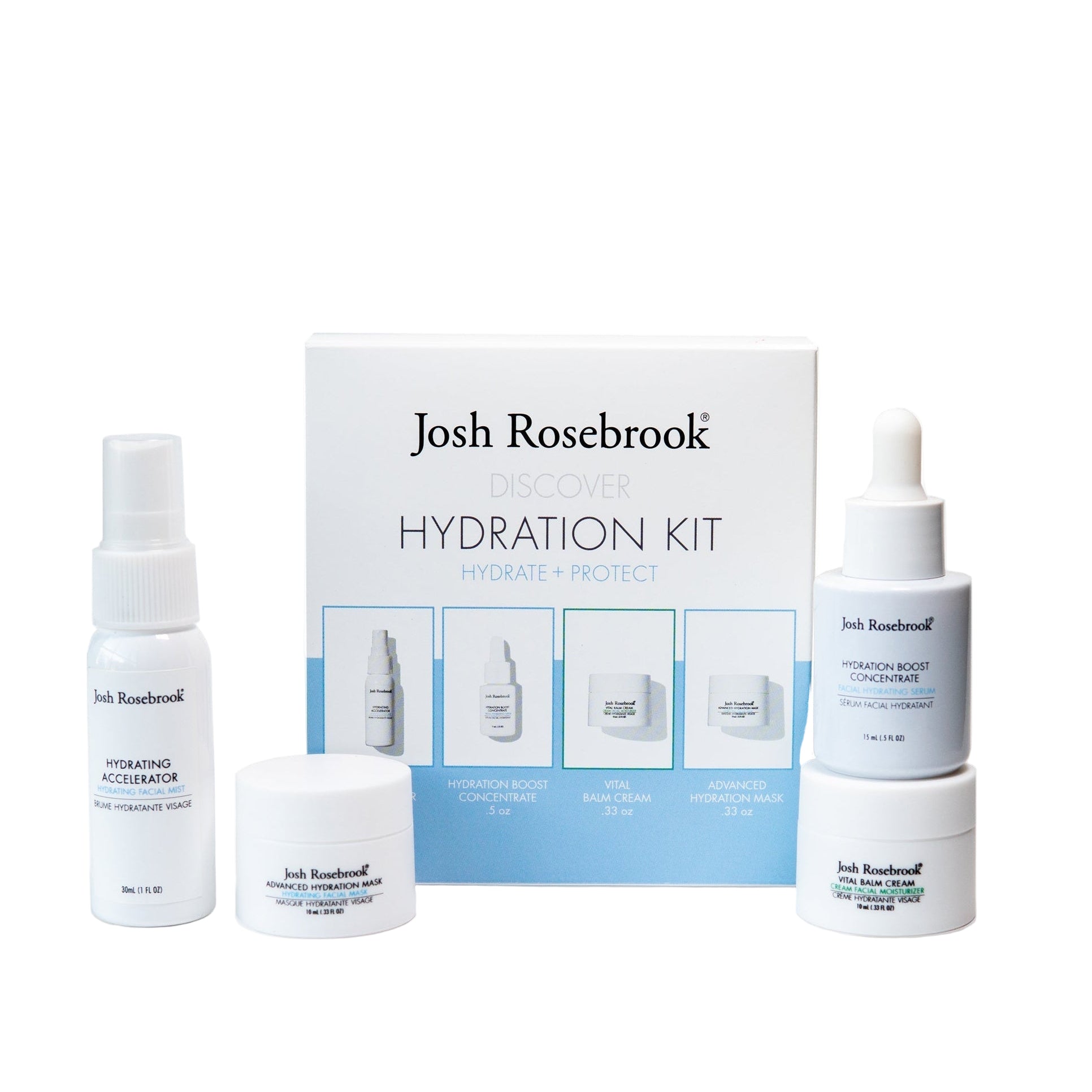 Josh Rosebrook Hydration Kit with Hydrating Accelerator, Hydration Boost Concentrate, Vital Balm Cream, and Advanced Hydration Mask – clean hydrating skincare set.