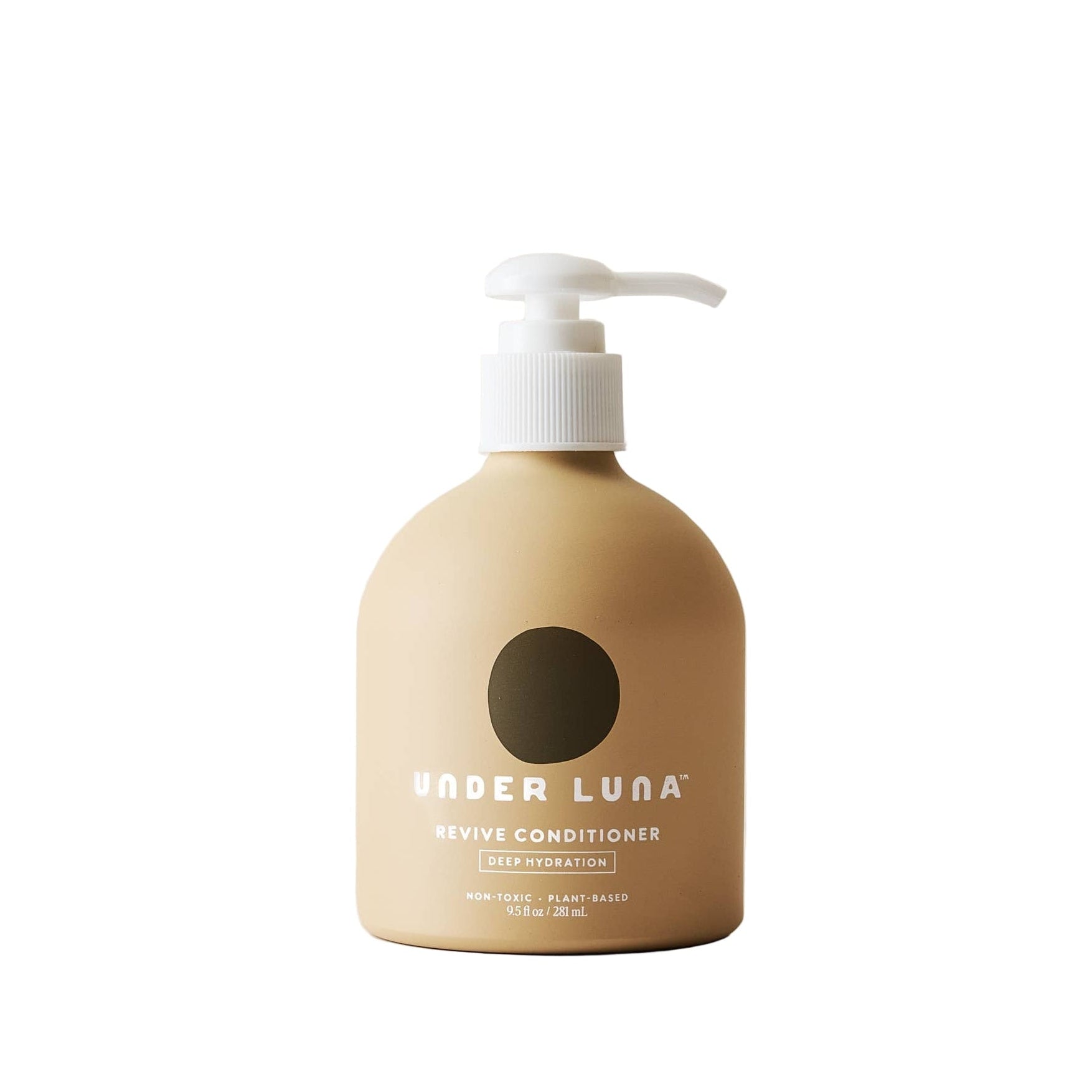 Beige conditioner bottle with pump labeled 'Under Luna' on a beige background
