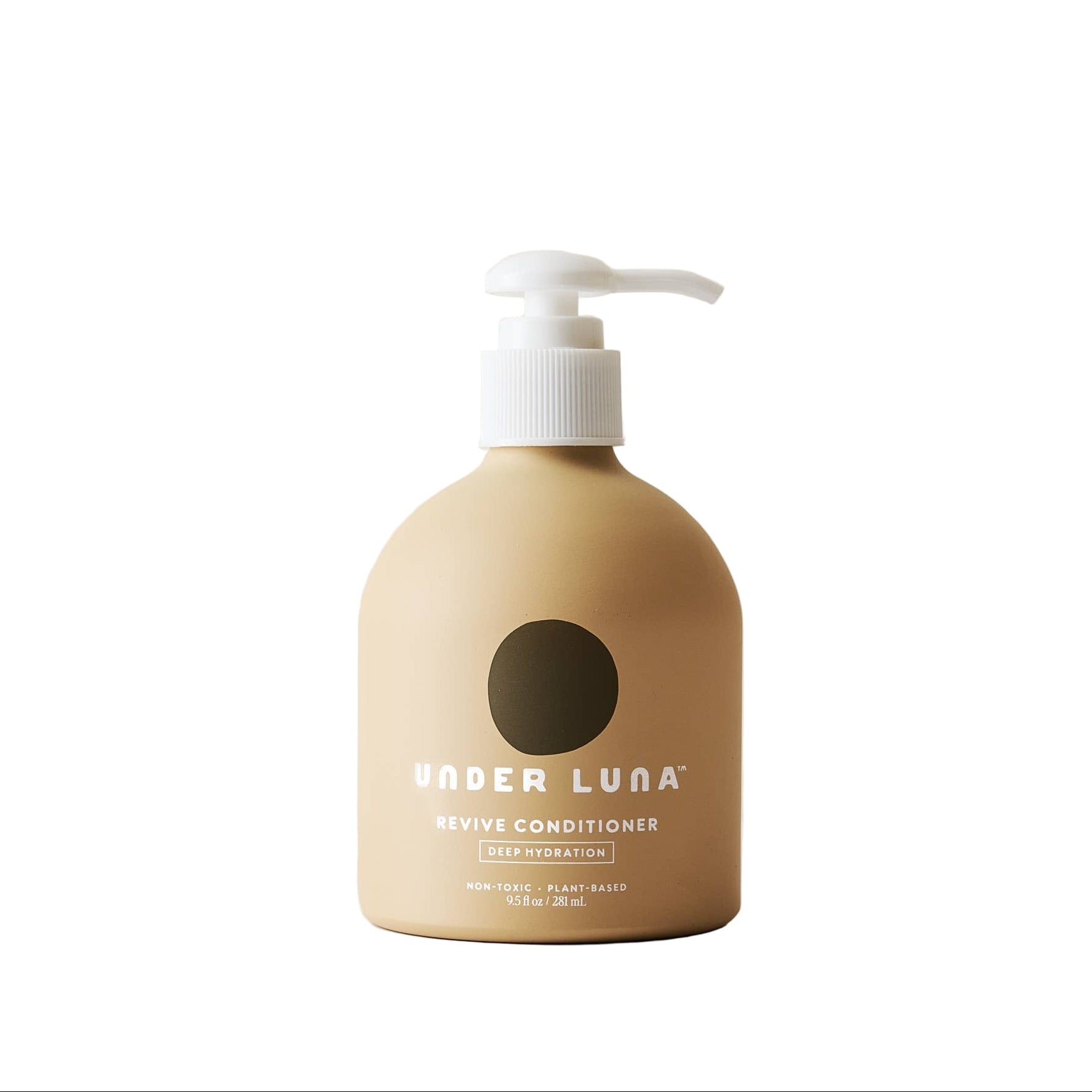 Beige conditioner bottle with pump labeled 'Under Luna' on a beige background